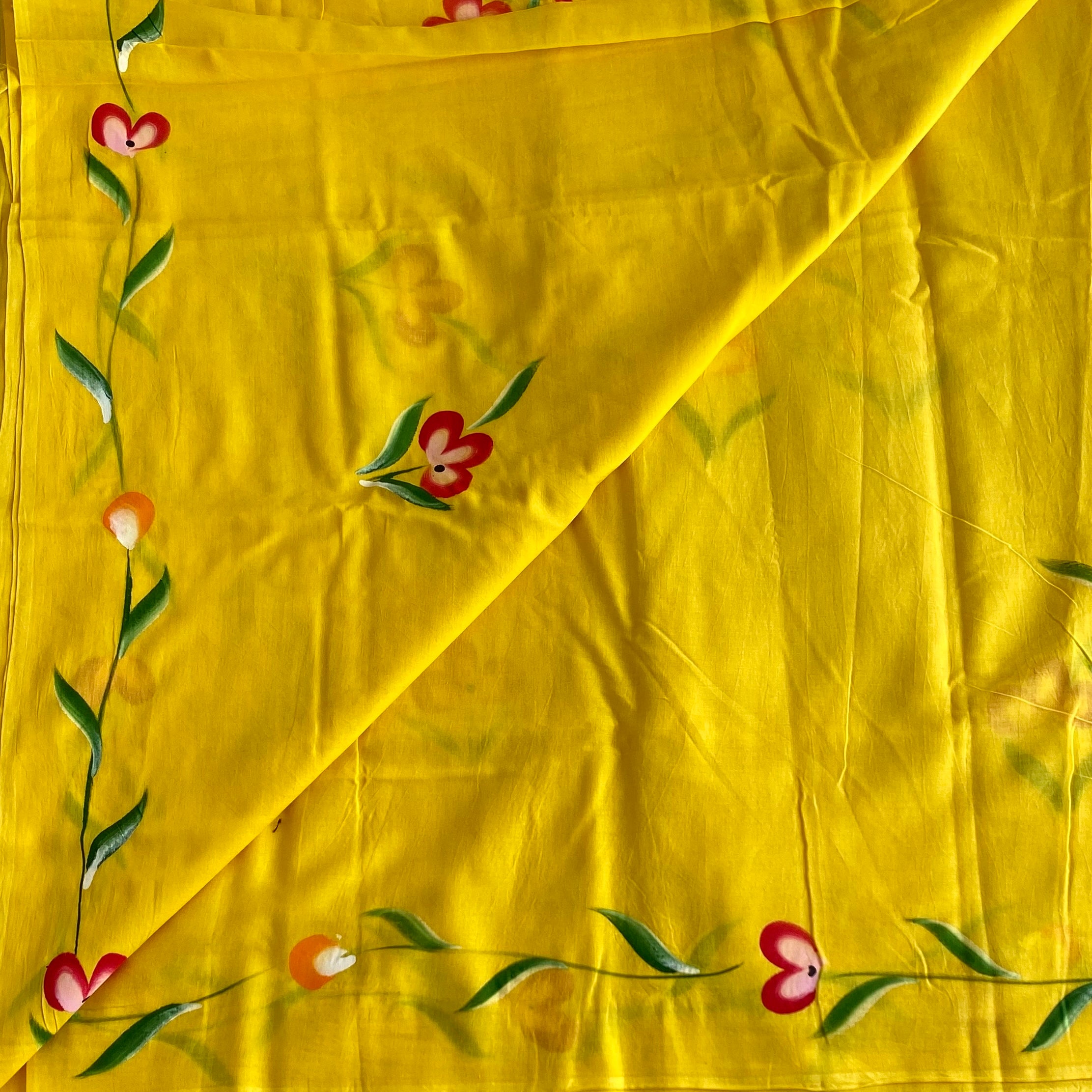 Bright Yellow Soft Tussar Silk Saree With Rani Pink Florals