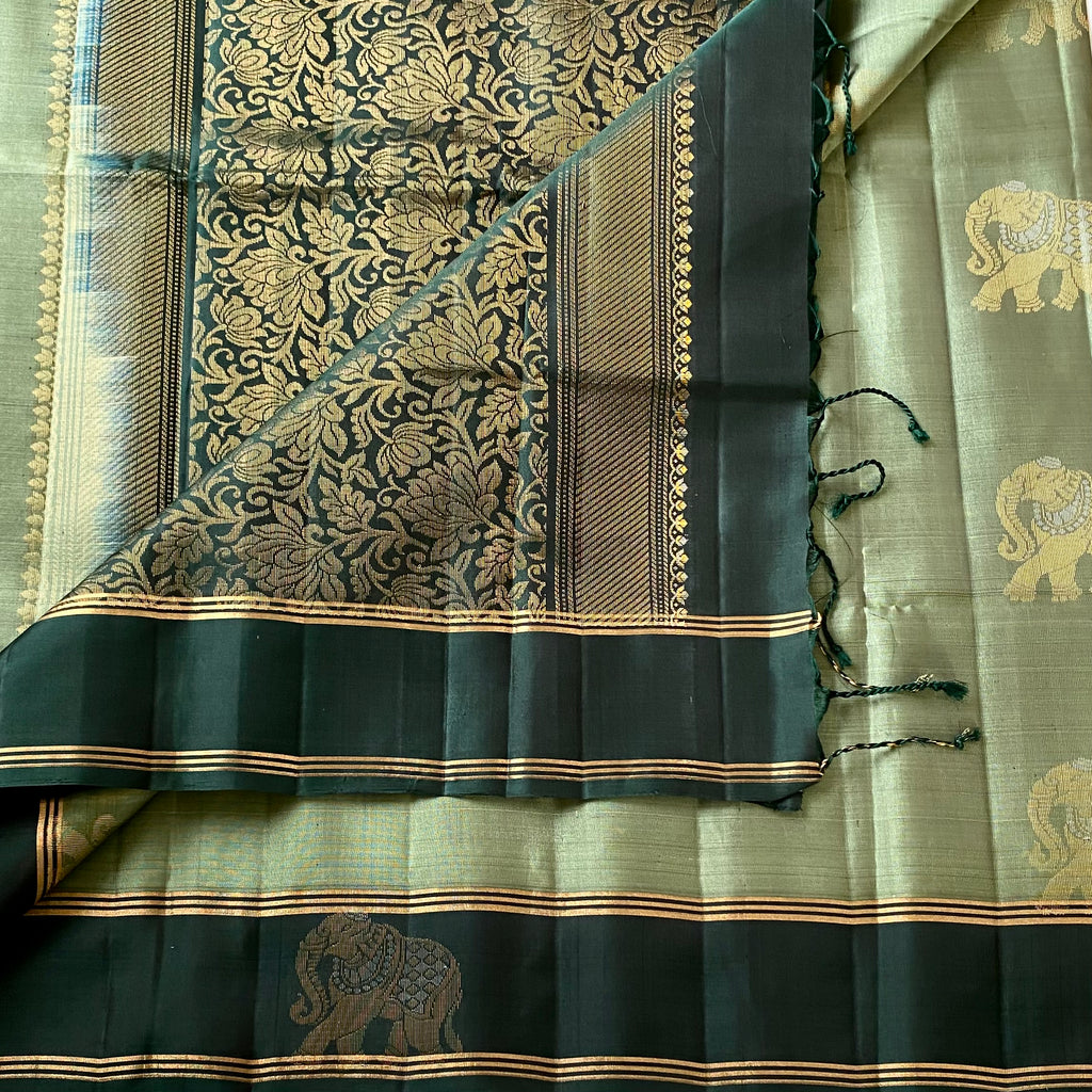 Deep metallic Mint Silk Saree Gold Brocade Pallu Elephant Border