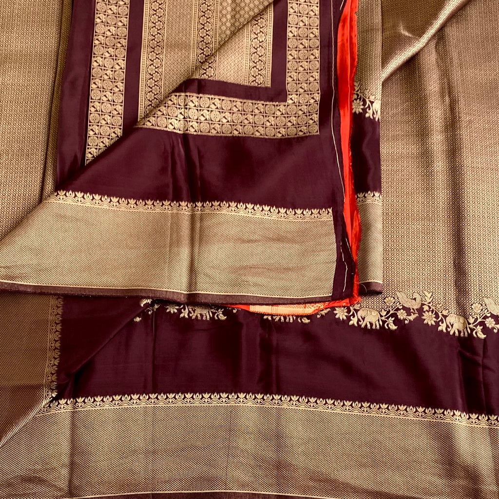 Deep Plum Brown Soft Crepe Silk Saree Antique Gold Jaal