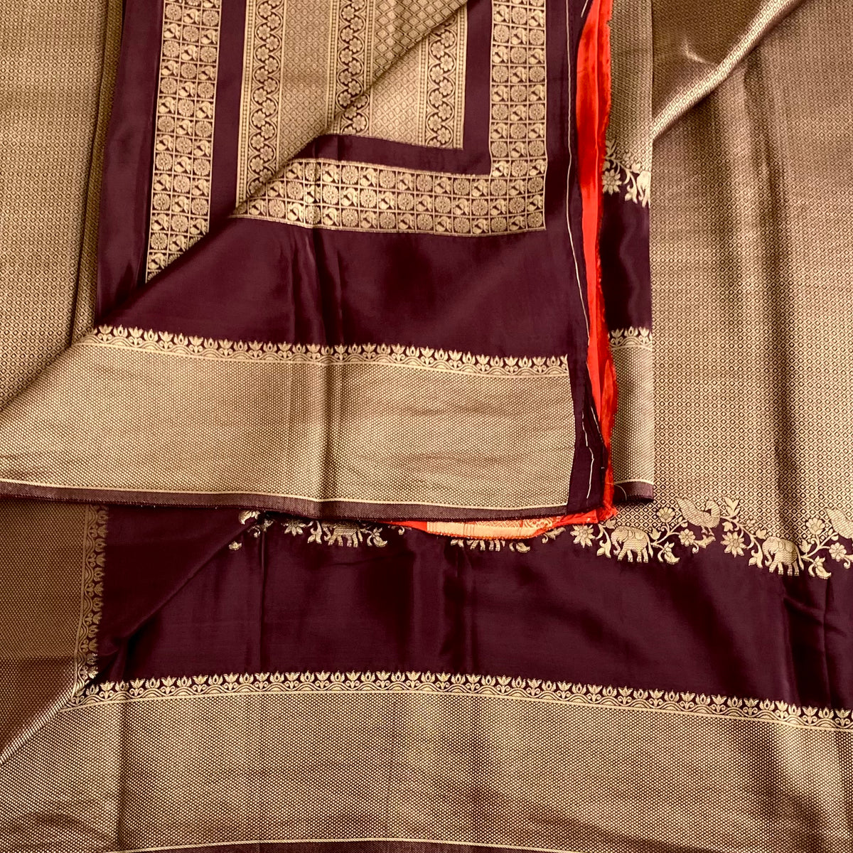Deep Plum Brown Soft Crepe Silk Saree Antique Gold Jaal