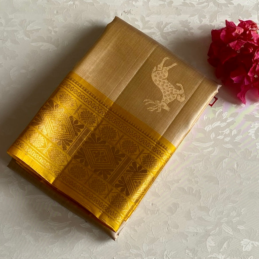 Champagne Beige Designer Pure Silk Saree With Mustard Yellow Pallu