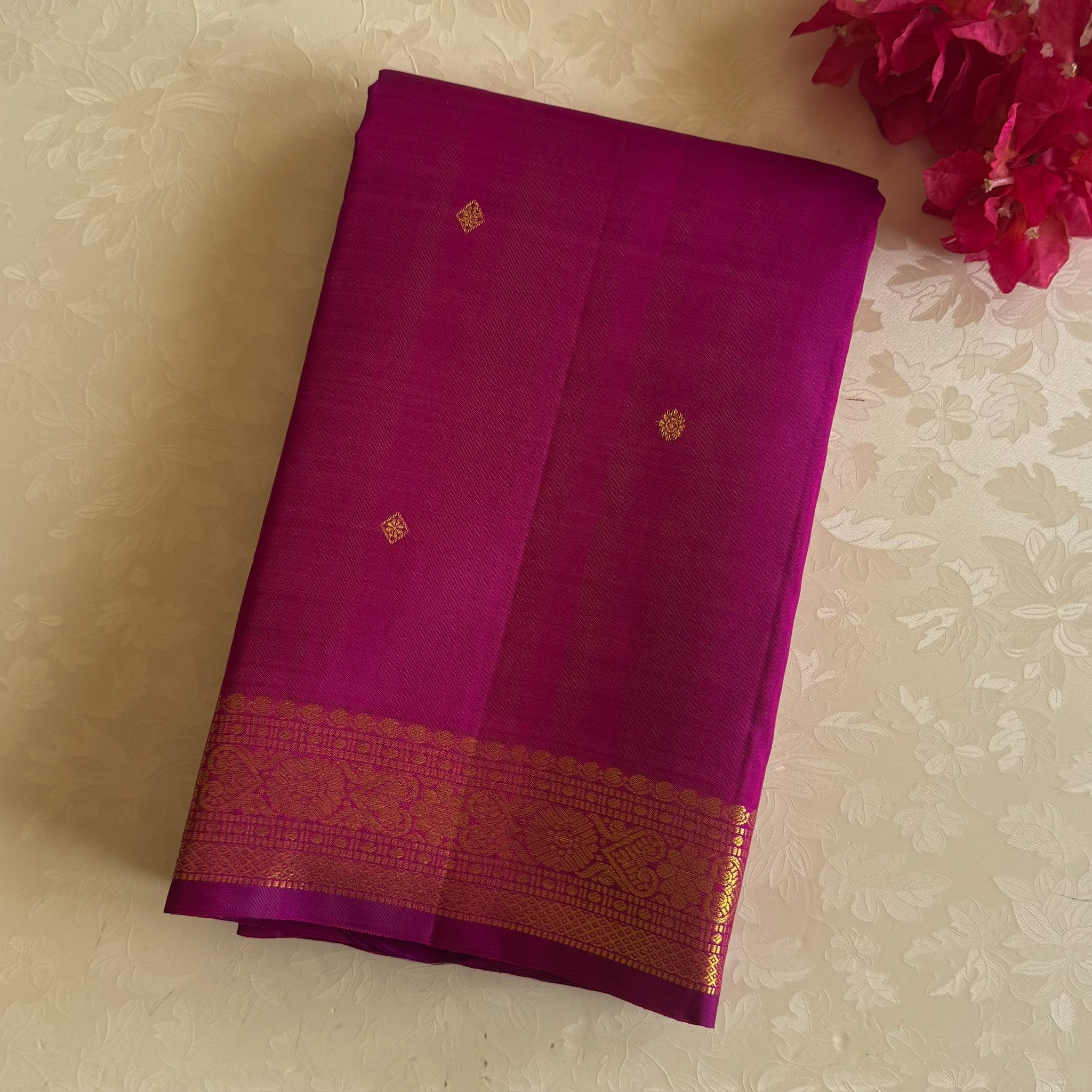 Rich Magenta Kanjeevaram silk with designer Gold Zari Border and Pallu
