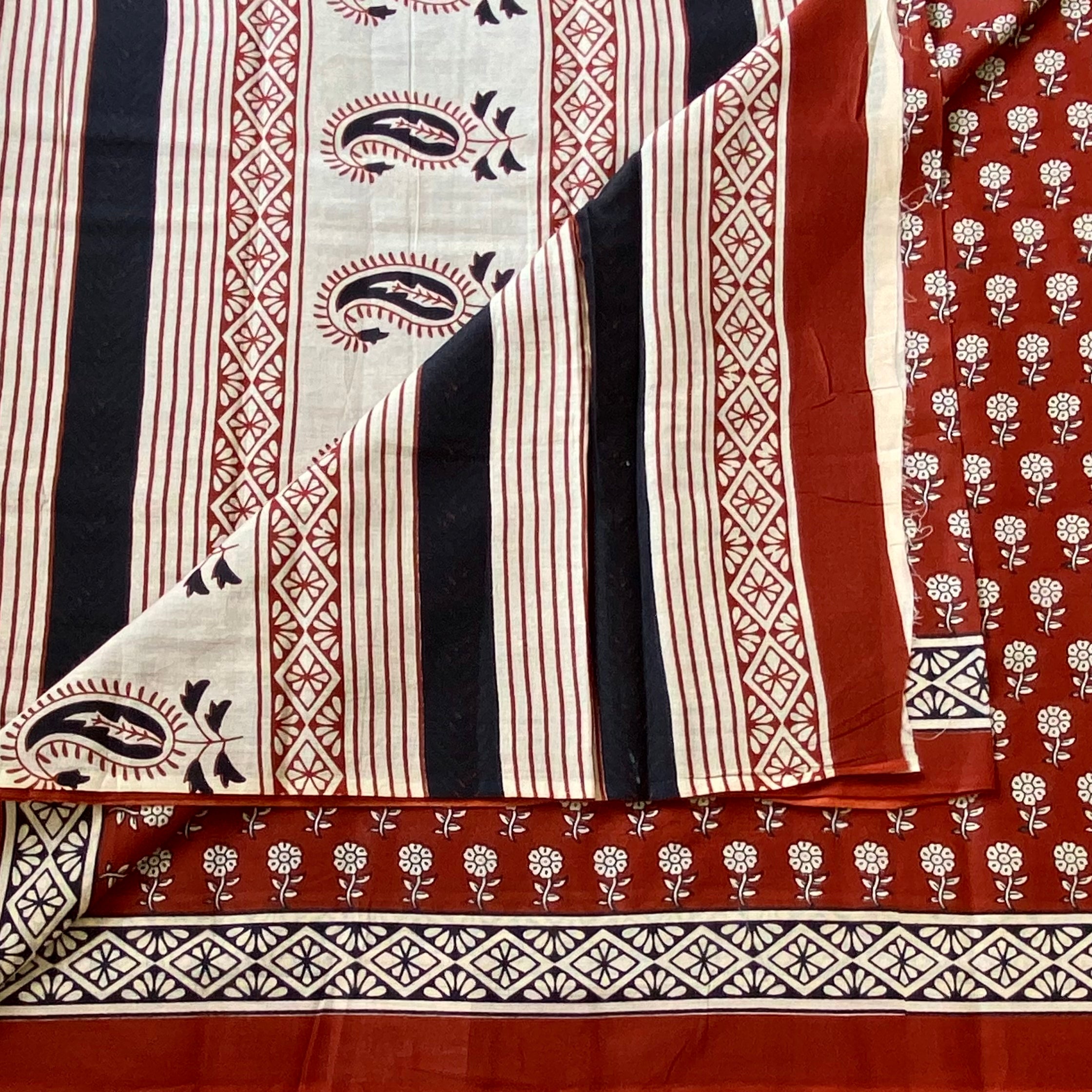 Rust Beige Handblocked Cotton Saree Paisley Striped Pallu Geometric Border