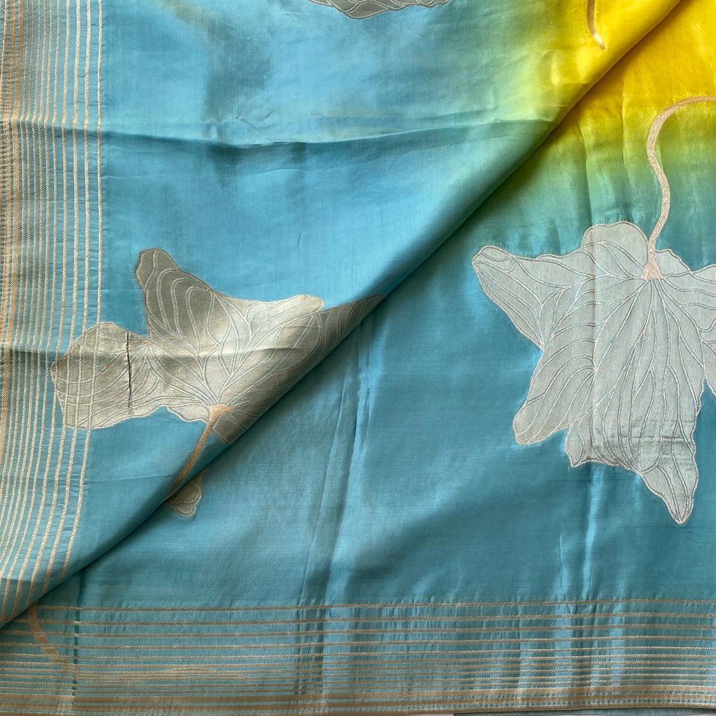Yellow Teal Ombre Saree With Silver Brocade Floral Pallu Tassels