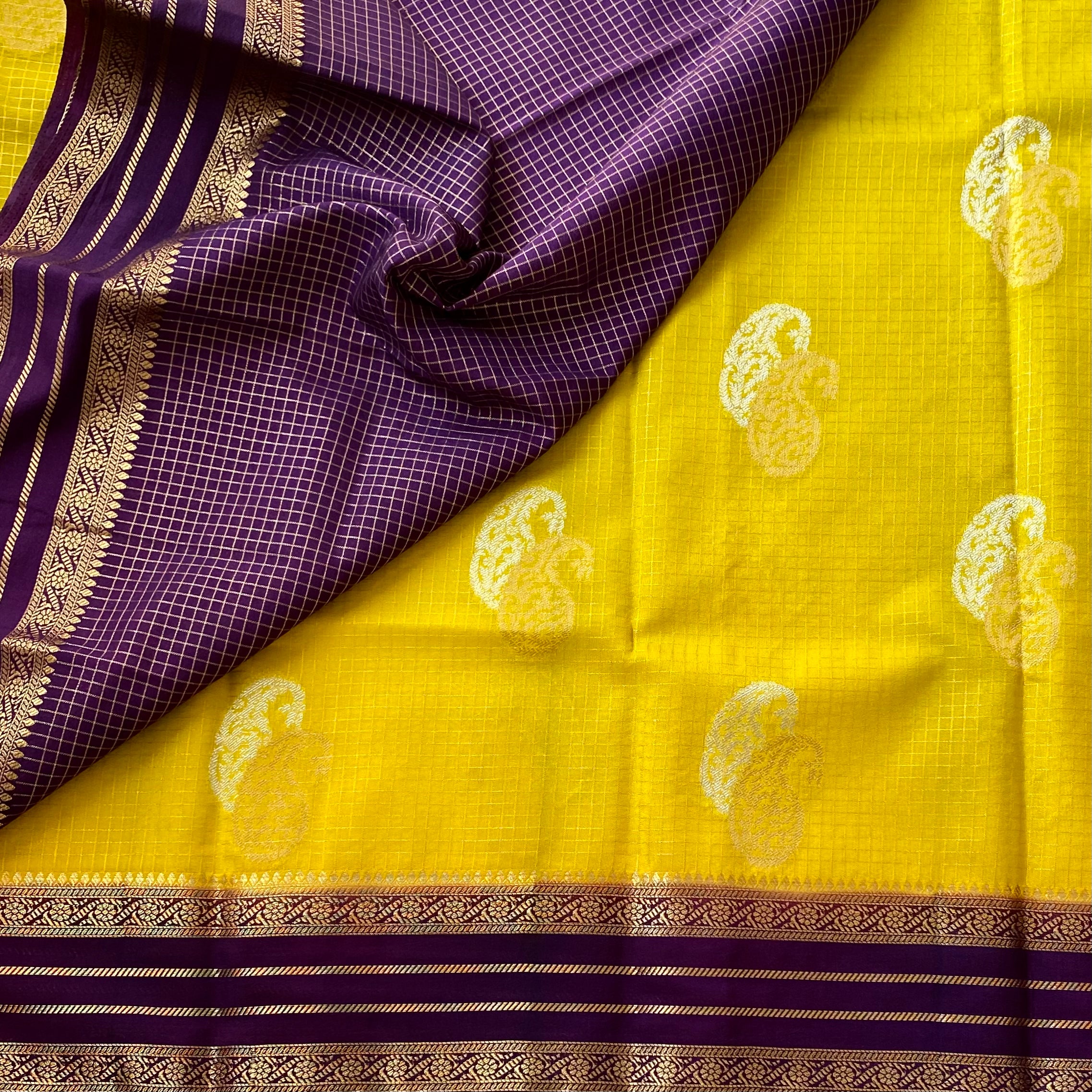 Elegant Mustard Yellow Saree With Contrasting Purple Gold Brocade Pallu