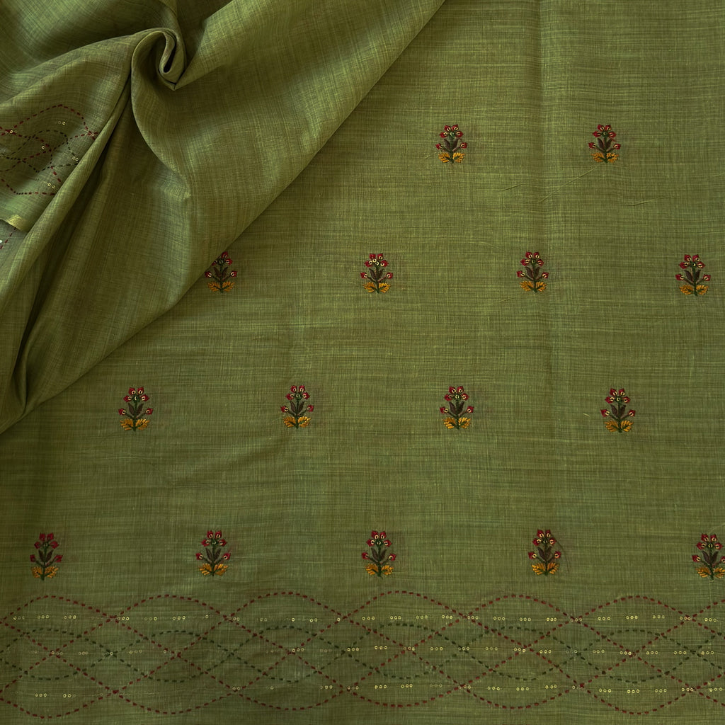 Sage Green Hand Embroidered Floral Buta Saree With Tassel Pallu