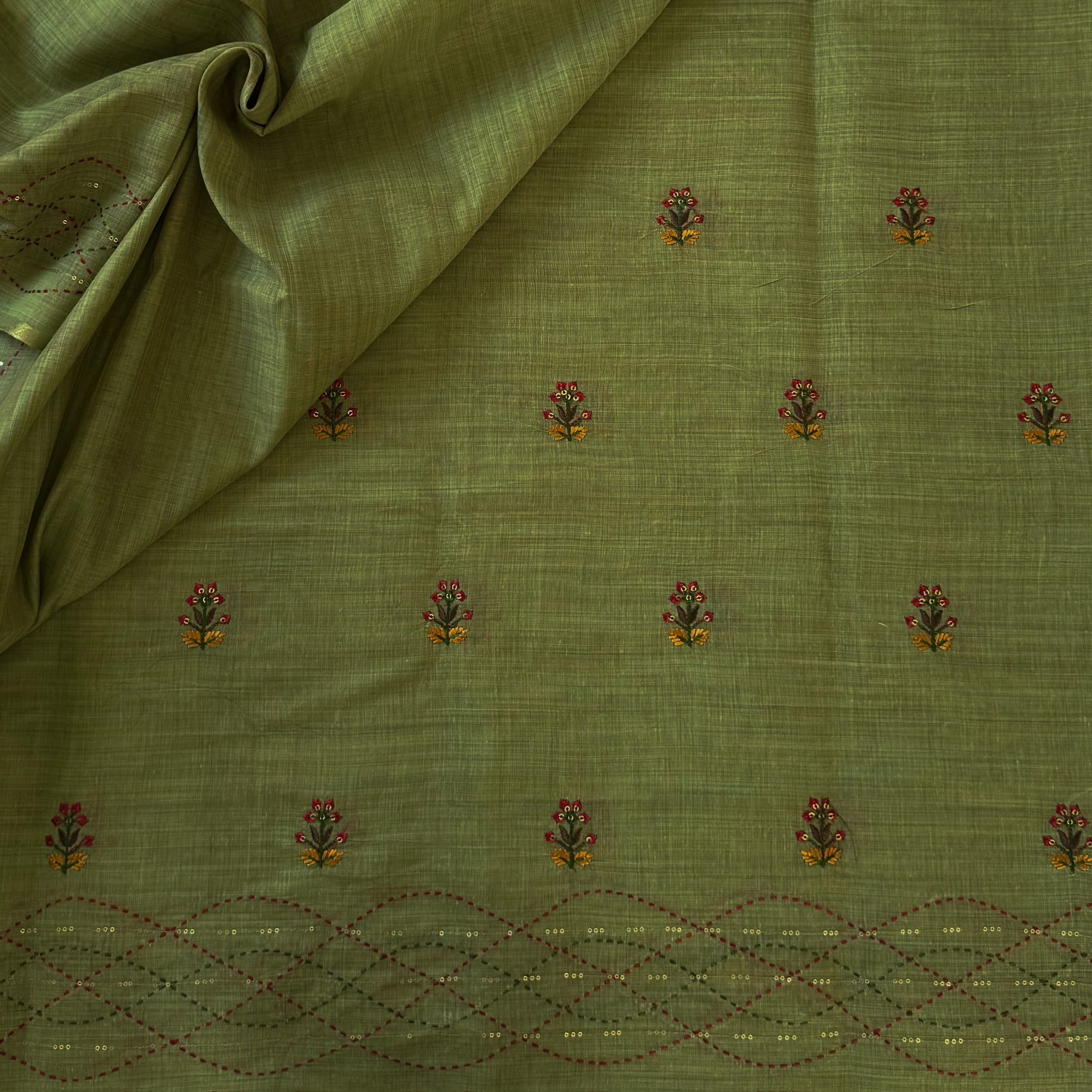 Sage Green Hand Embroidered Floral Buta Saree With Tassel Pallu