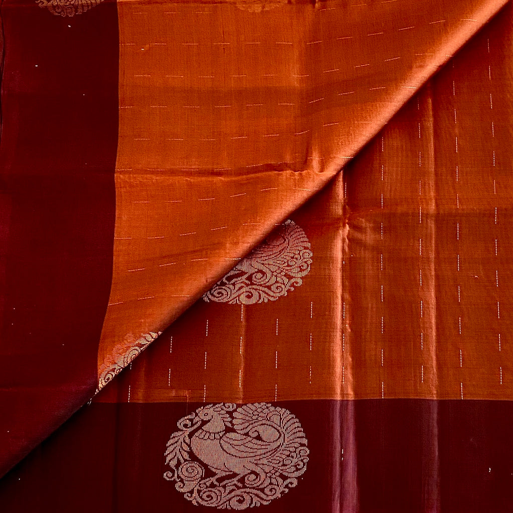 Deep Rust Designer Pure Silk Saree With Wine Maroon Pallu