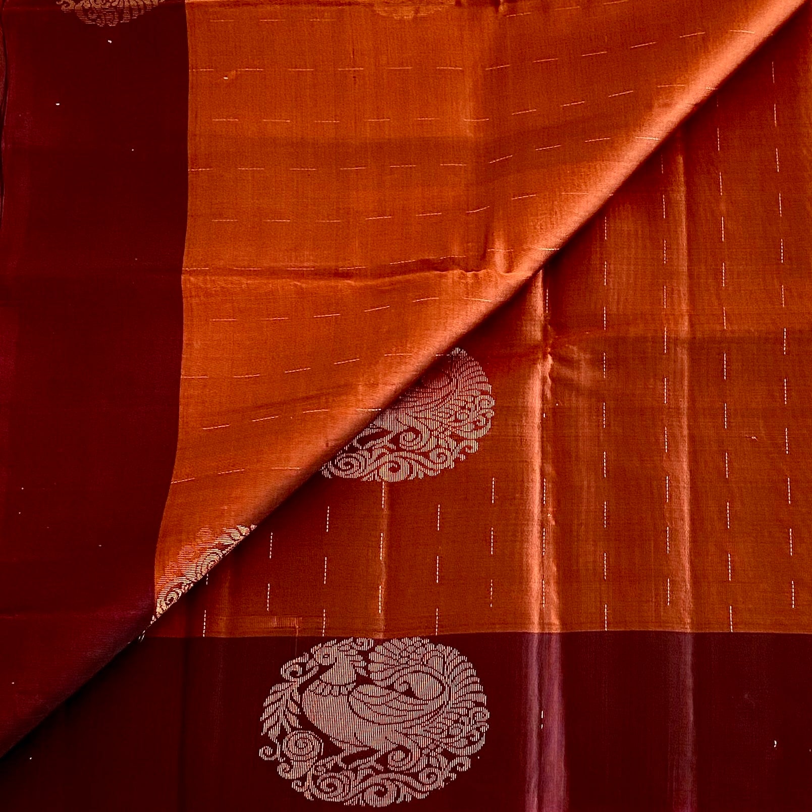Deep Rust Designer Pure Silk Saree With Wine Maroon Pallu