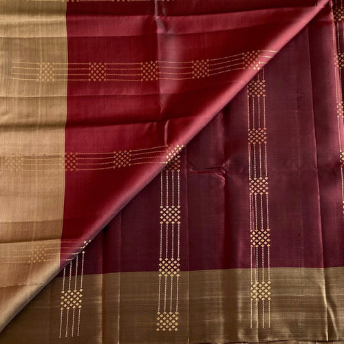 Antique Gold Designer Pure Silk Saree With Deep Maroon Pallu
