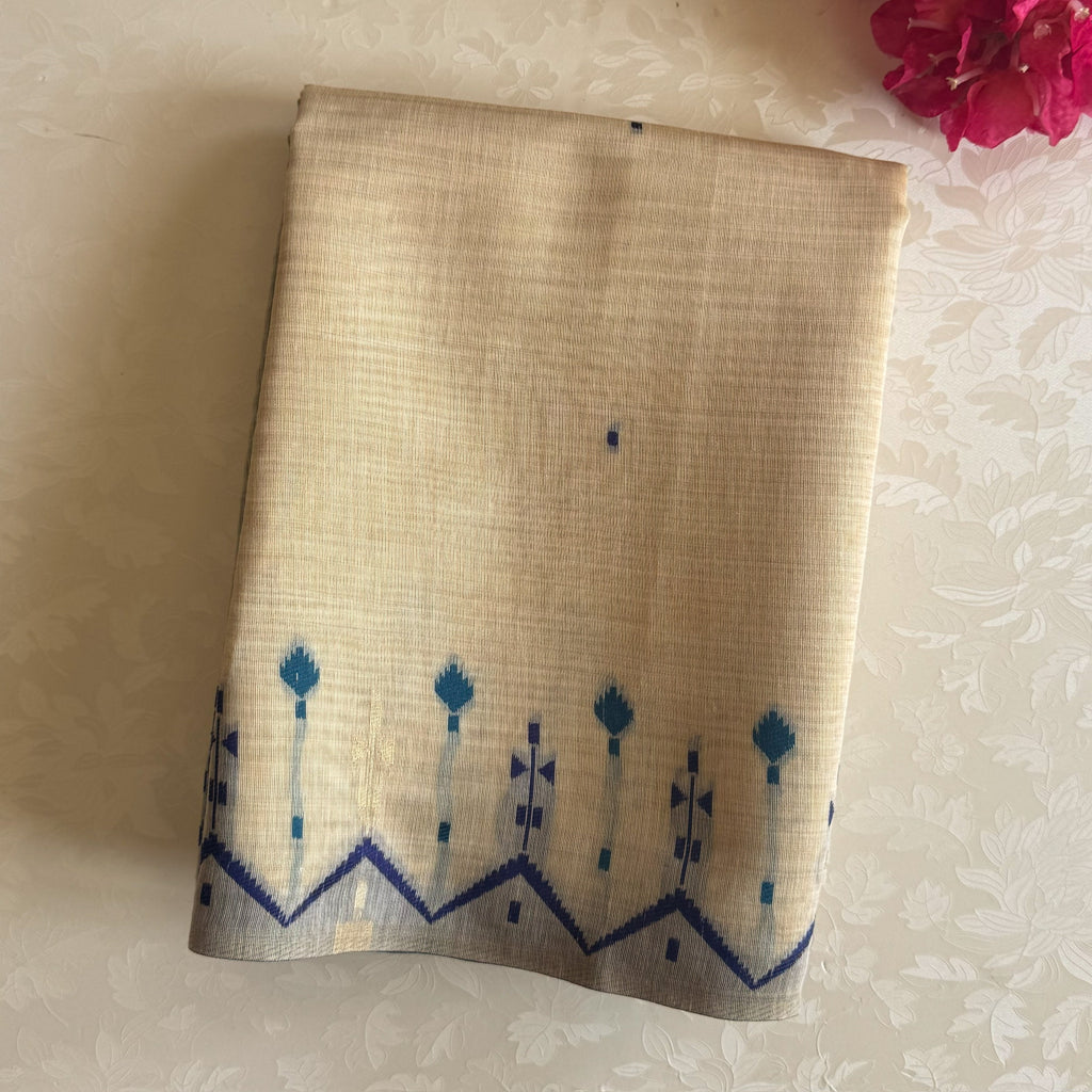 Cream Beige Ikat Saree Pale Blue Pallu Tassel Border Traditional