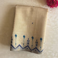 Cream Beige Ikat Saree Pale Blue Pallu Tassel Border Traditional