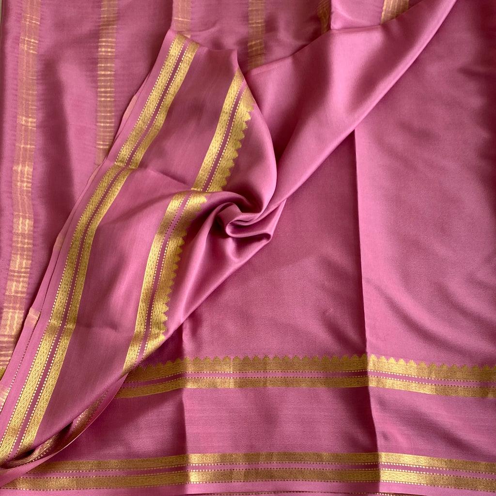 Rose Mysore Crepe Silk Saree With Antique Gold Zari Border