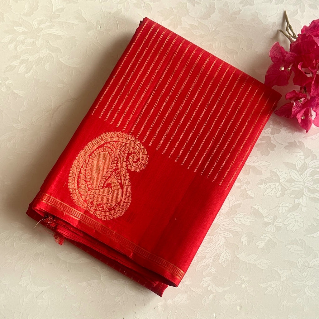 Vermilion Red Saree Gold Zari Paisley Border Diamond Pallu Weave
