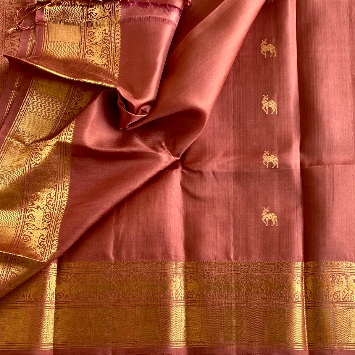 Bronze Copper Designer Pure Silk Saree With Antique Gold Zari
