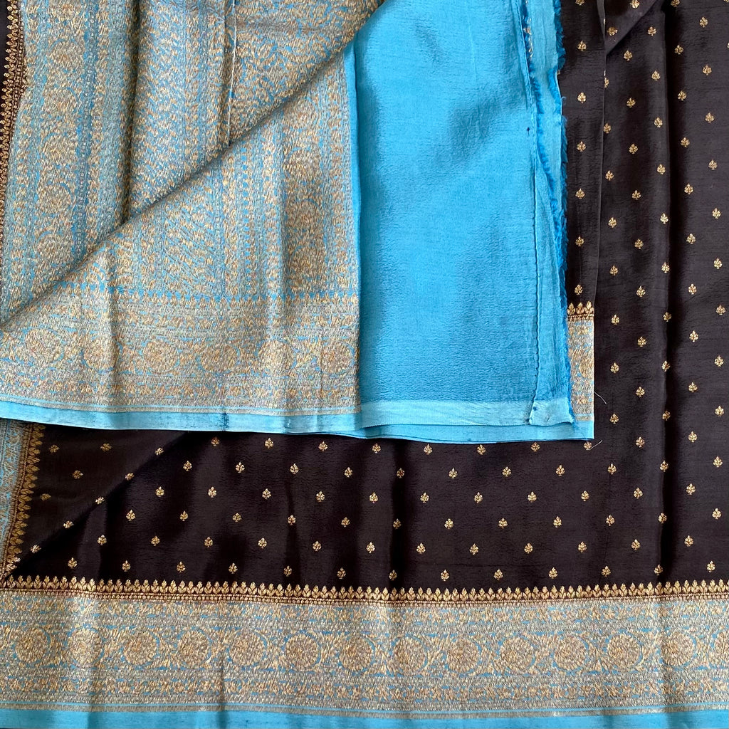Jet Black Banarasi Crepe Silk Saree With Turquoise Pallu And Gold Border