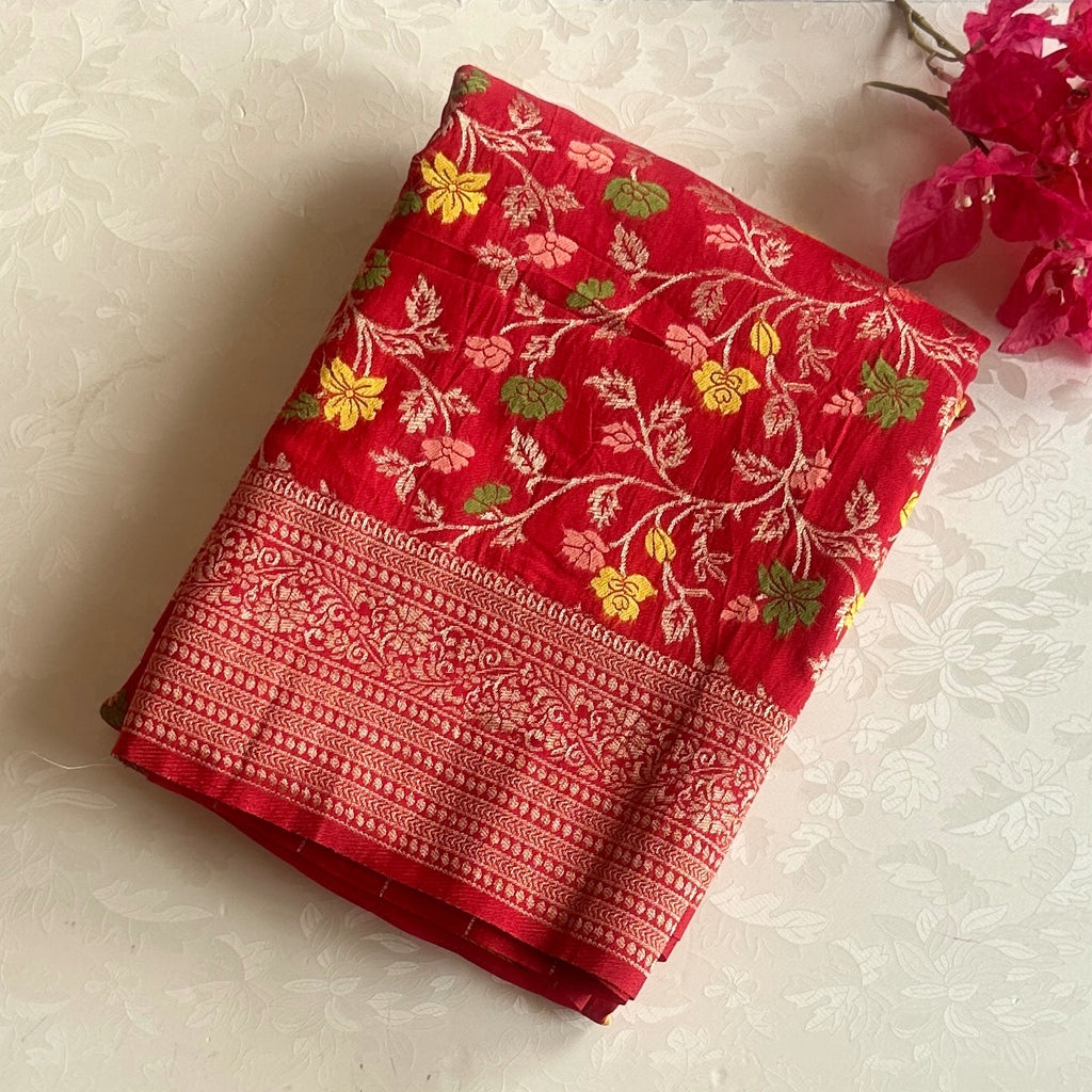 Lustrous Red Meenakari woven tussar with floral weave all over