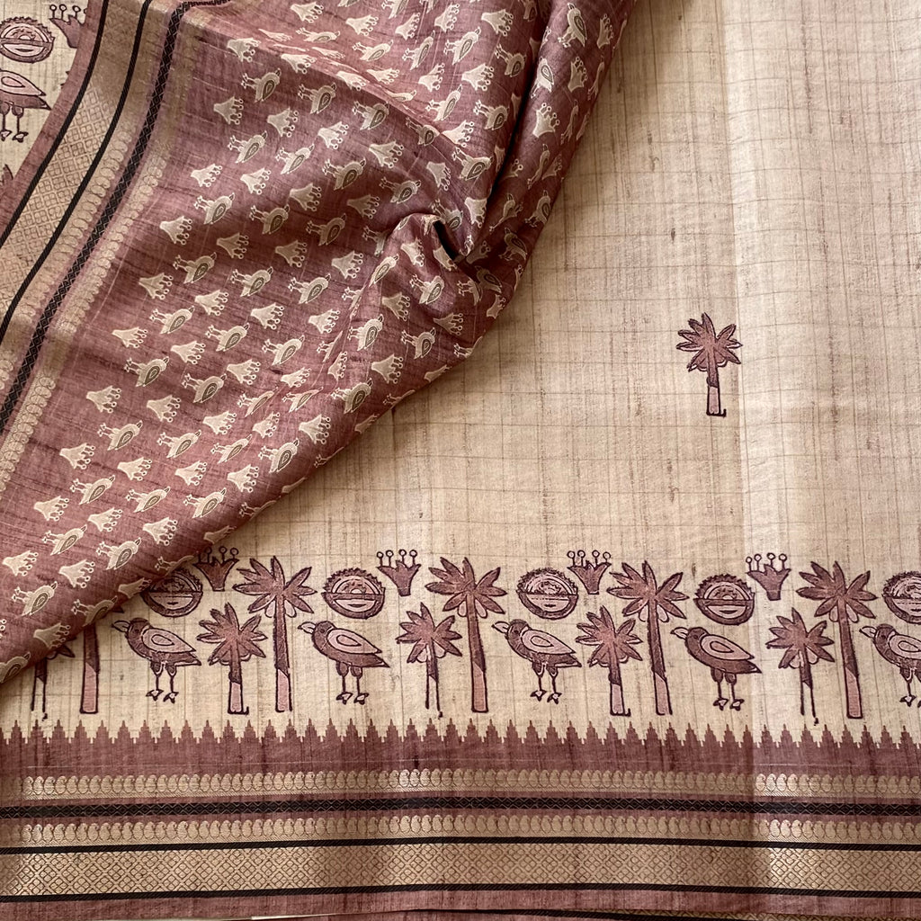 Ecru Mauve Brown Handloom Bird Motif Tassel Pallu Saree Elegant