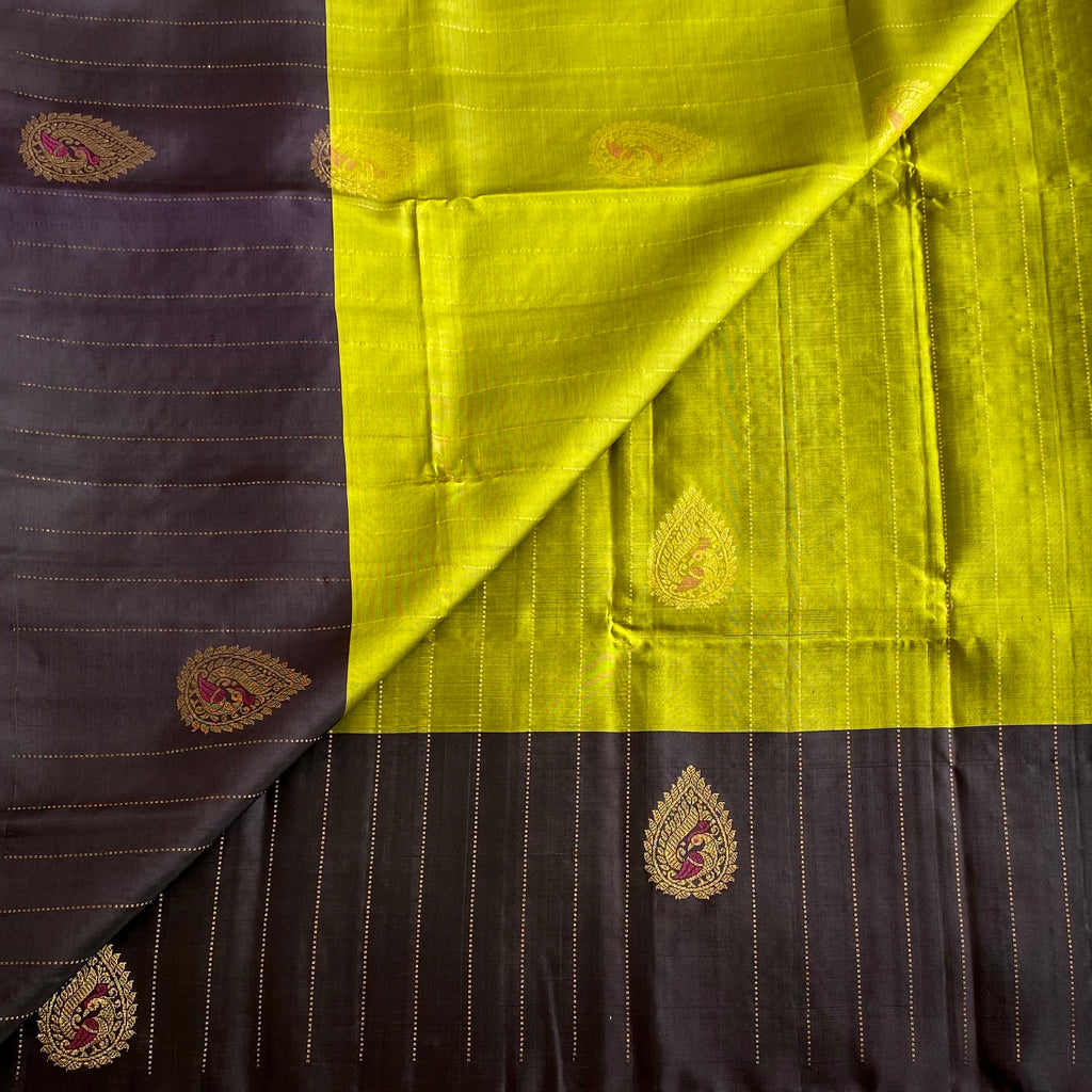 Lime Green Designer Pure Silk Saree With Charcoal Black Floral Pallu