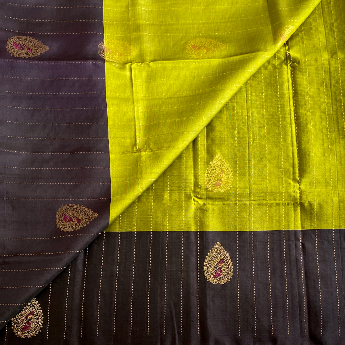 Lime Green Designer Pure Silk Saree With Charcoal Black Floral Pallu