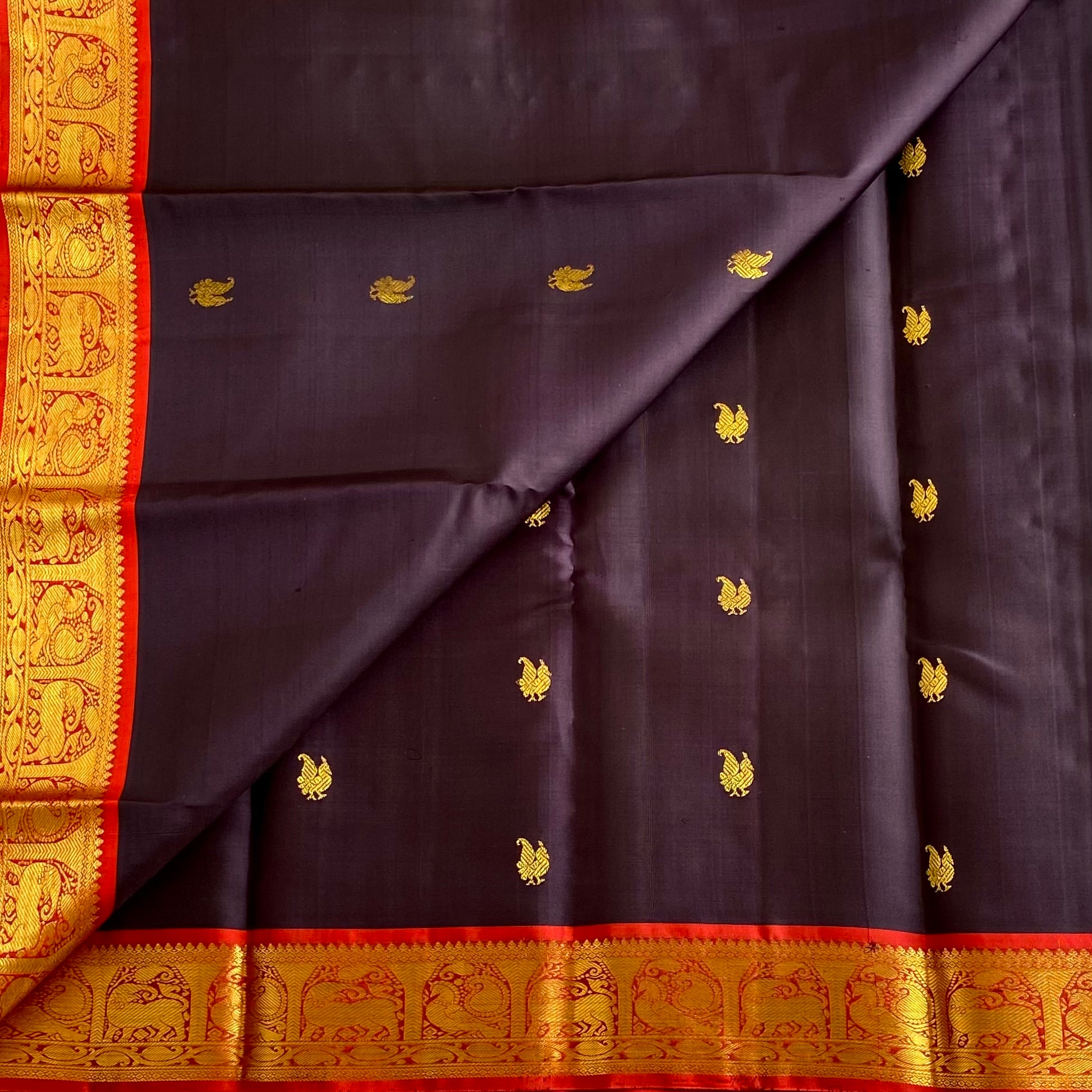 Deep Plum Brown Kanjeevaram Pure Zari Silk With Vermilion Red Border
