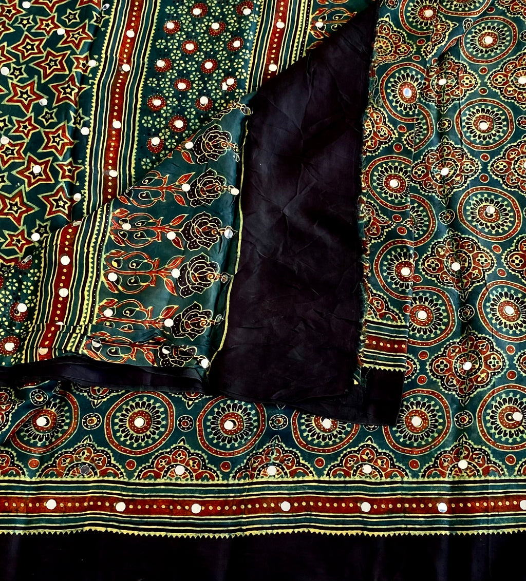Teal Green Ajrakh Handblock Printed Mirror work Saree With Rust Red Border