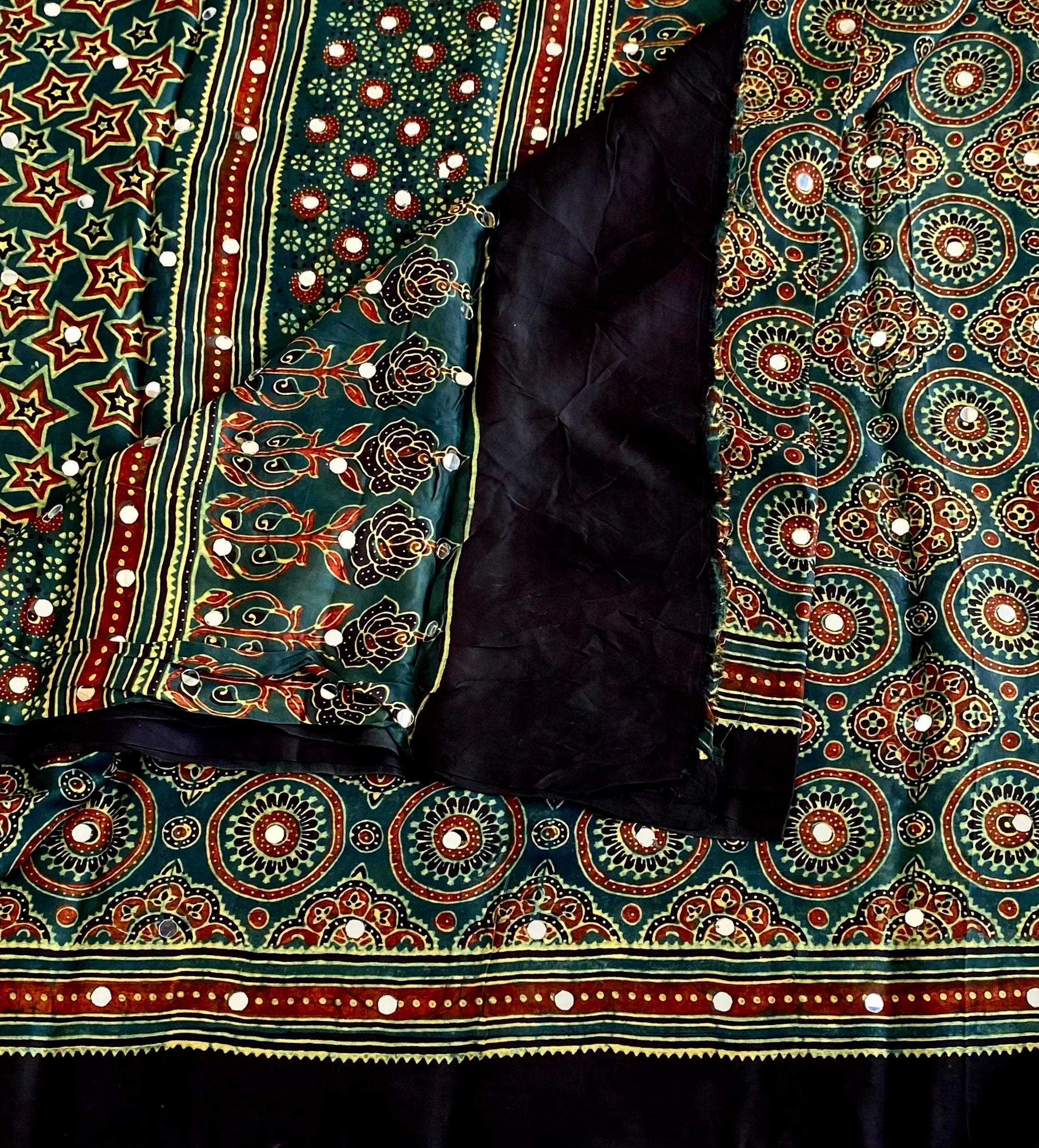 Teal Green Ajrakh Handblock Printed Mirror work Saree With Rust Red Border
