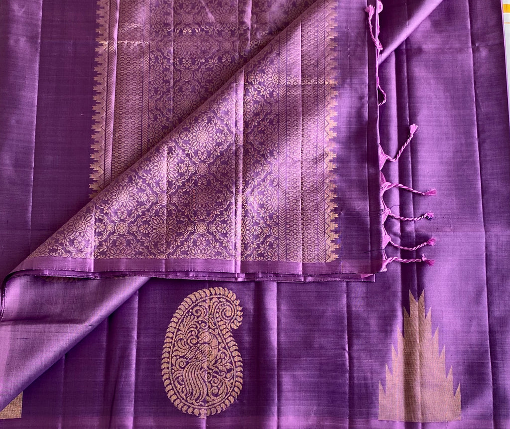 Deep Metallic Designer Pure Silk Saree With Gold Mango & temple Borders