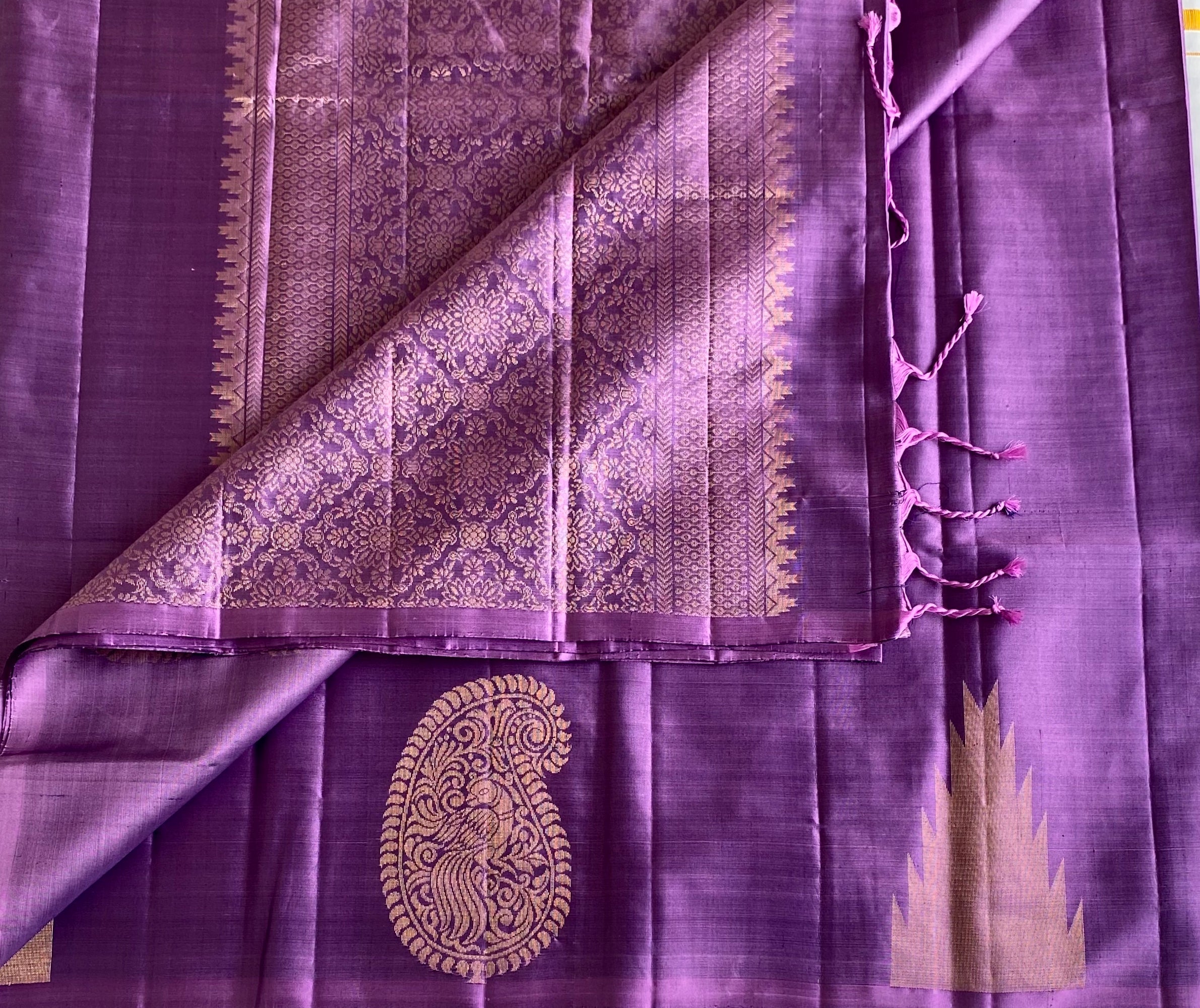 Deep Metallic Designer Pure Silk Saree With Gold Mango & temple Borders