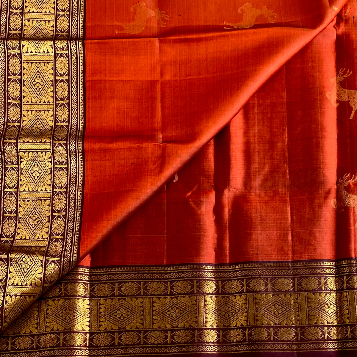 Deep Rust Orange Designer Pure Silk Saree With Wine Brown Border