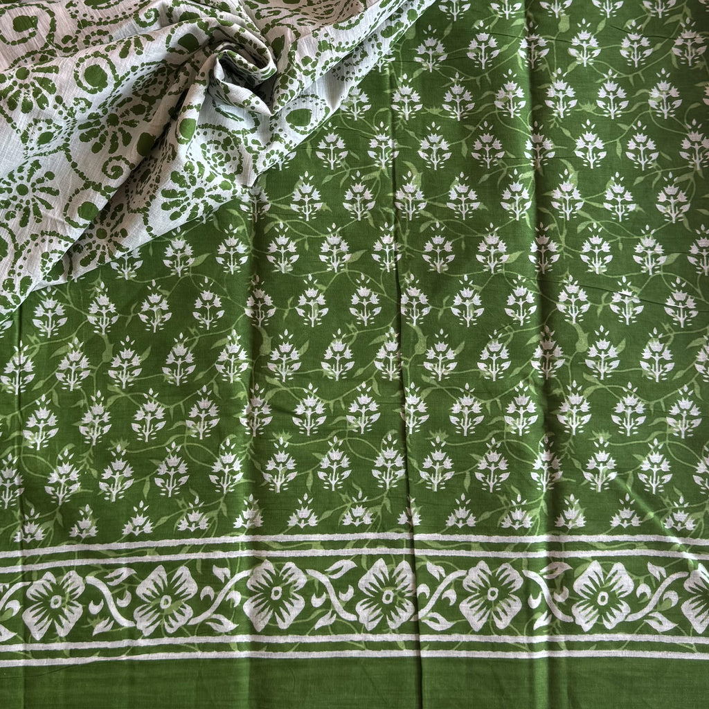 Leaf Green Cotton Block Print Saree With White Floral Tree Motifs