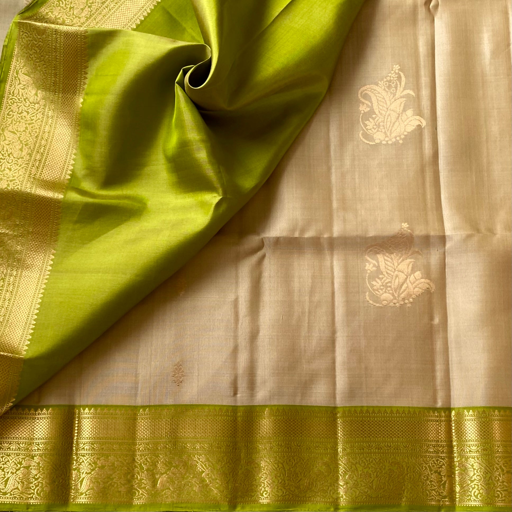 Elegant Pale Beige Lime Green Zari Woven Floral Traditional Saree