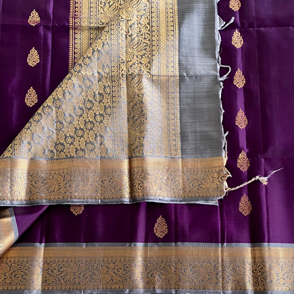 Deep Purple Designer Pure Silk Saree With Metallic Gold Pallu