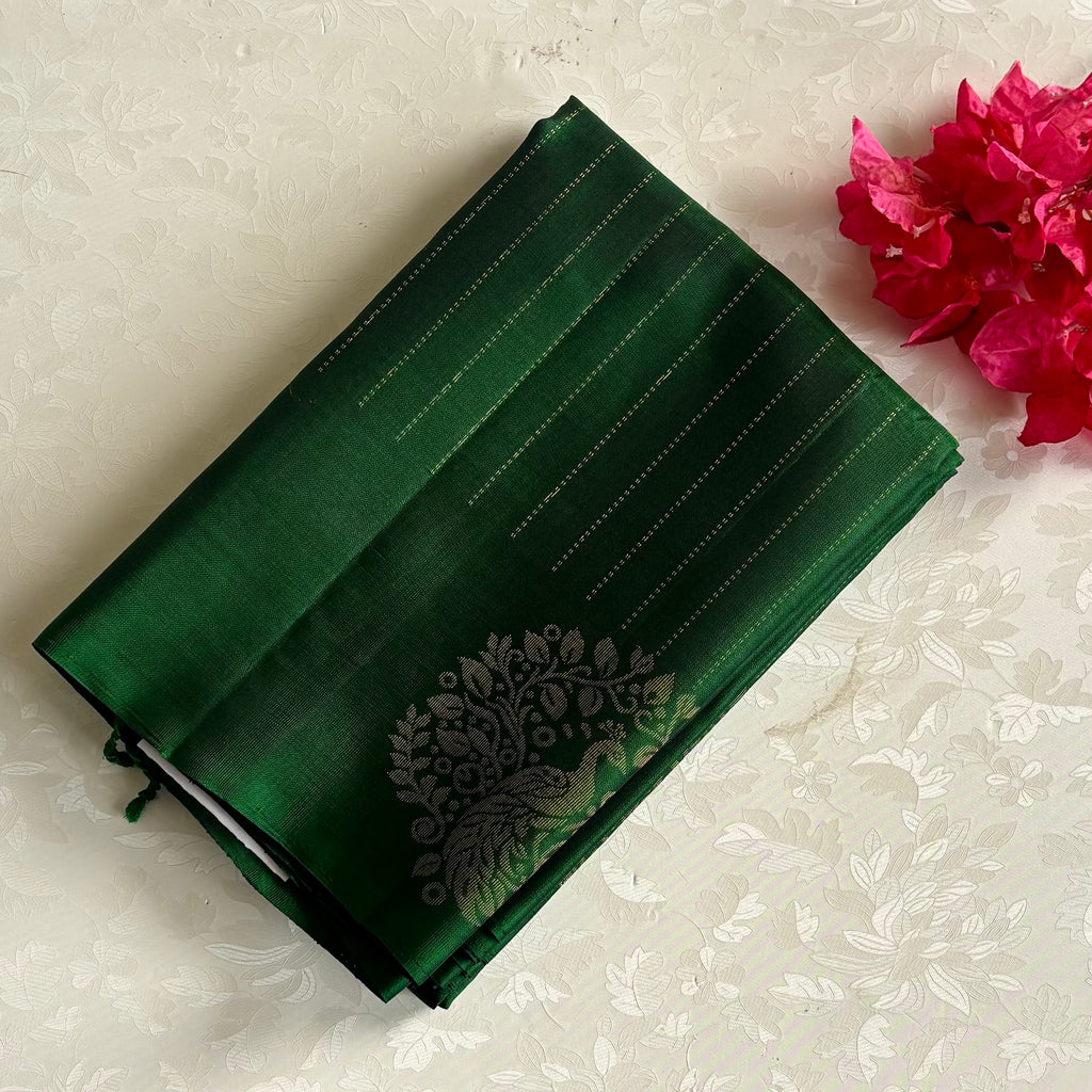 Emerald Green Designer Pure Silk Saree With Antique Gold Zari Pallu