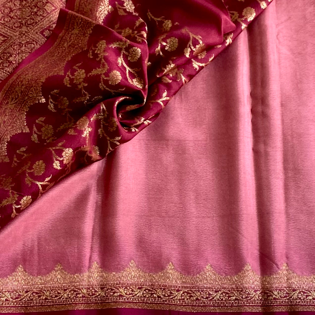 Banarasi Crepe Silk Dusty Rose Saree With Deep Magenta Pallu
