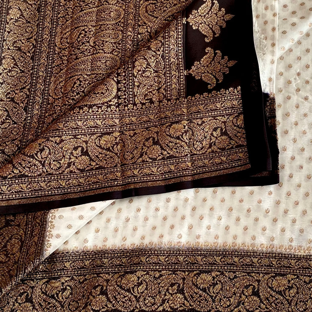 Pearl Ivory Banarasi Soft Crepe Silk With Stunner Black Pallu