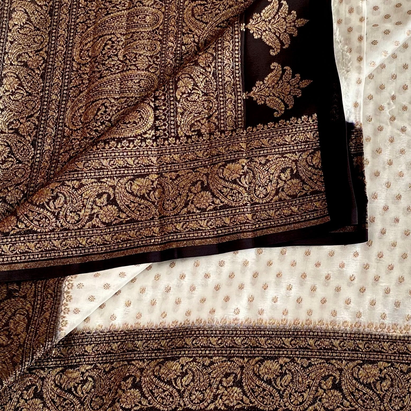 Pearl Ivory Banarasi Soft Crepe Silk With Stunner Black Pallu