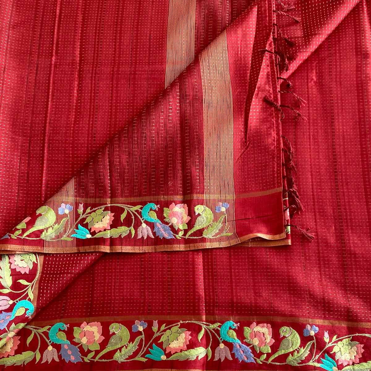 Deep Maroon Embroidered Soft Tussar Silk Saree With Antique Gold Pallu