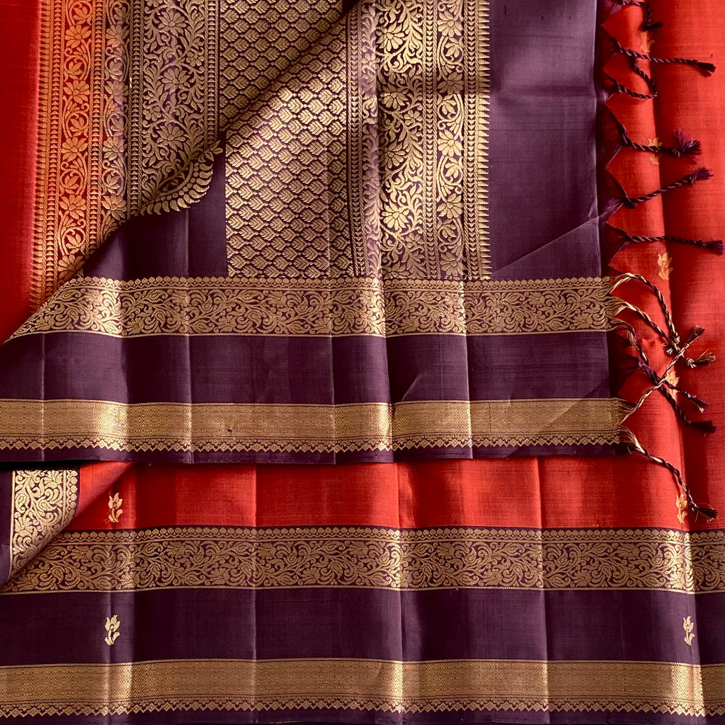 Rust Red Designer Pure Silk Saree With Deep Purple Pallu