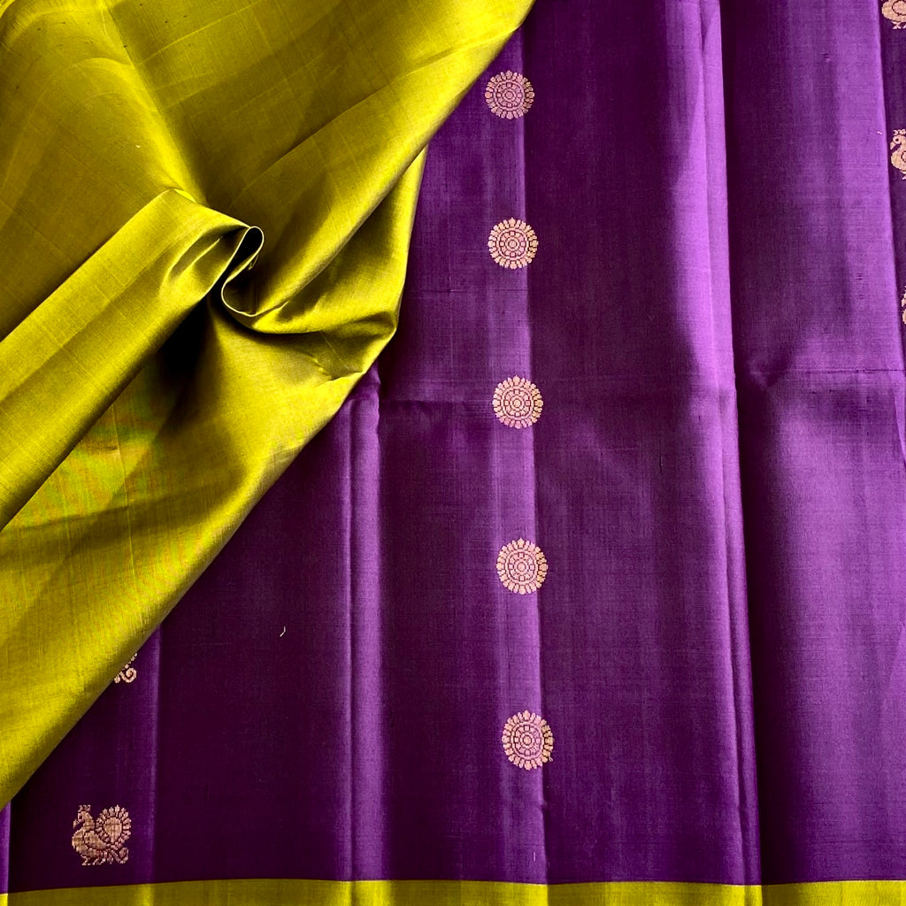Royal Purple Designer Pure Silk Saree With Lime Green Pallu