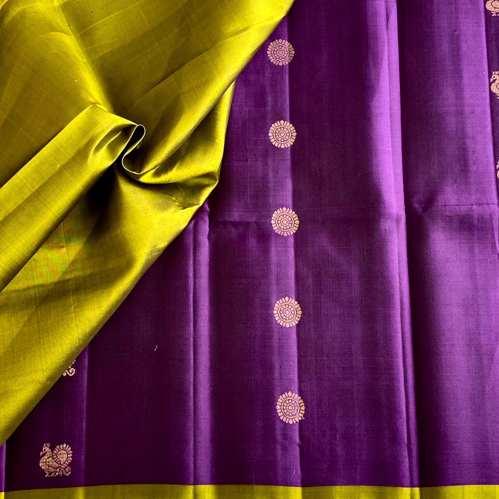 Royal Purple Designer Pure Silk Saree With Lime Green Pallu