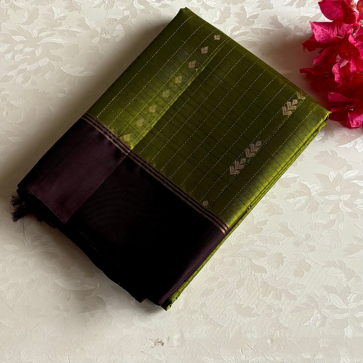Olive Green Designer Pure Silk Saree With Chocolate BrownPallu