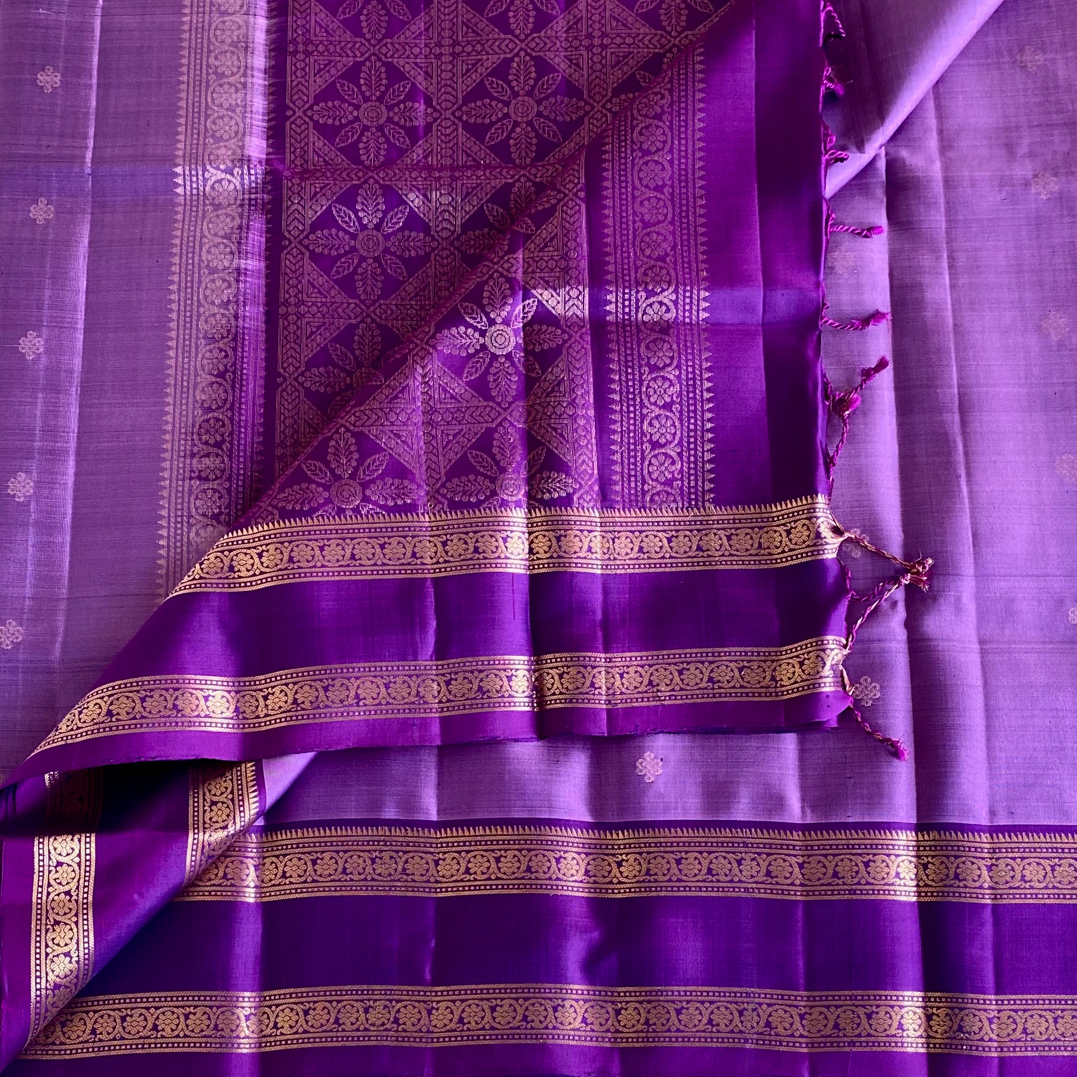 Metallic Lavender Pure Designer Silk With Royal Purple Pallu