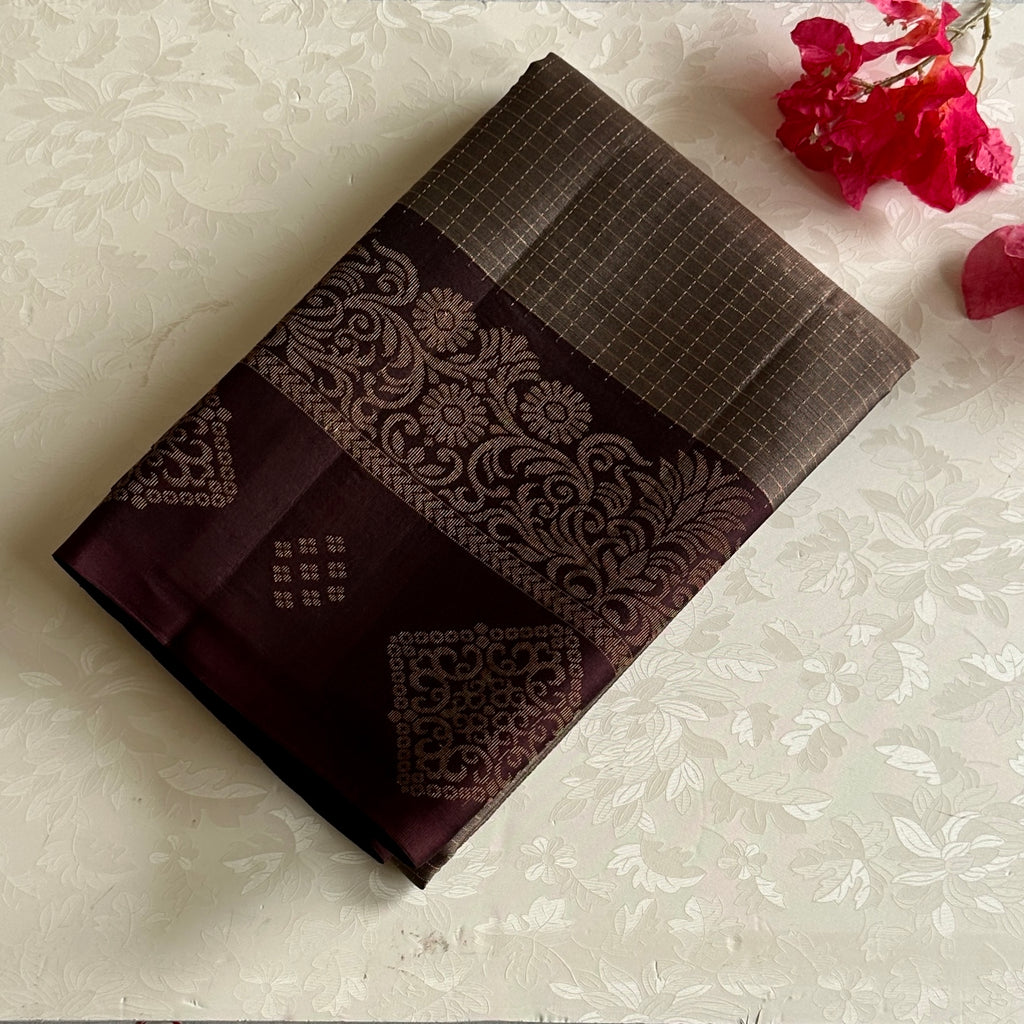Greyish Beige Designer Pure Silk Saree With Wine Brown Woven Border