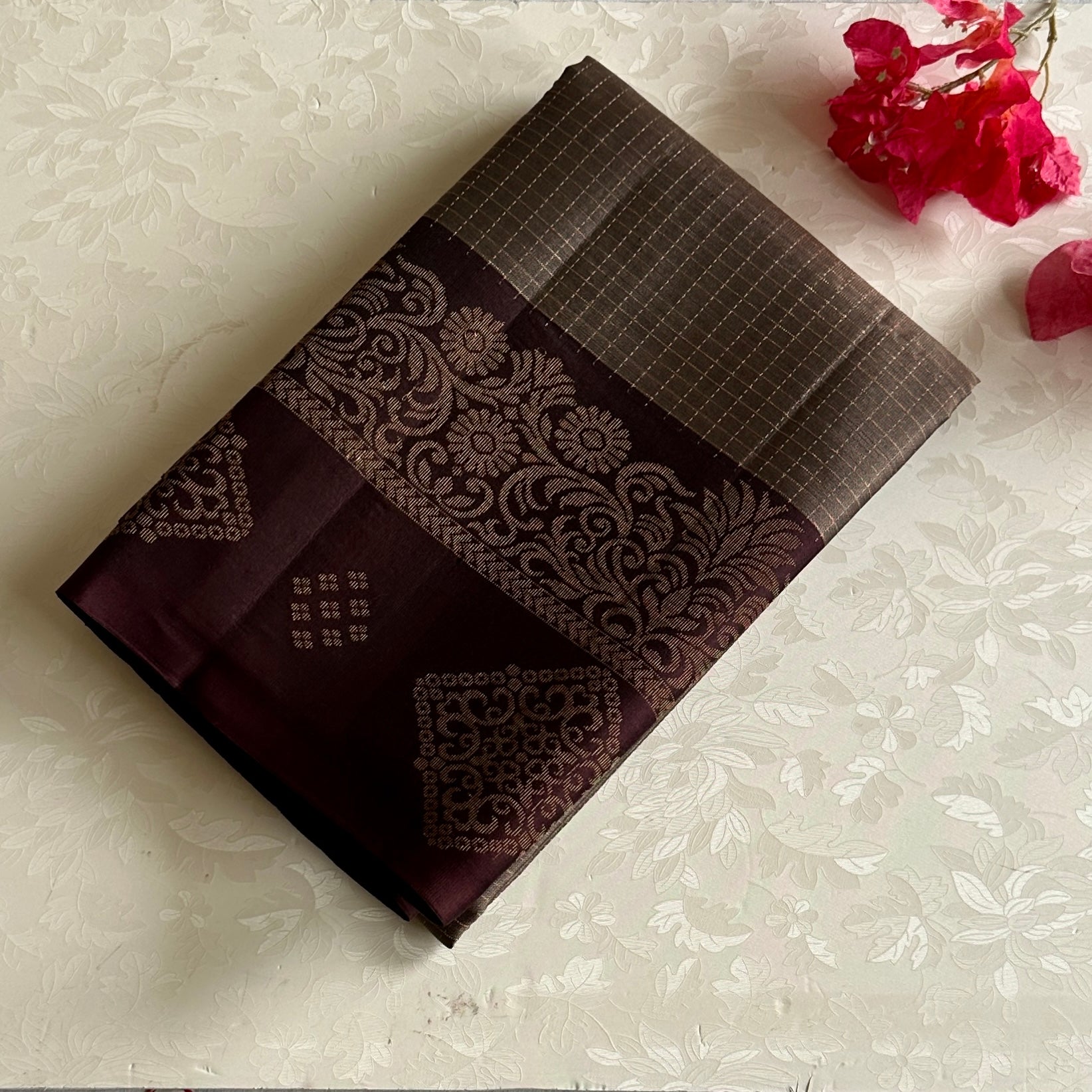 Greyish Beige Designer Pure Silk Saree With Wine Brown Woven Border
