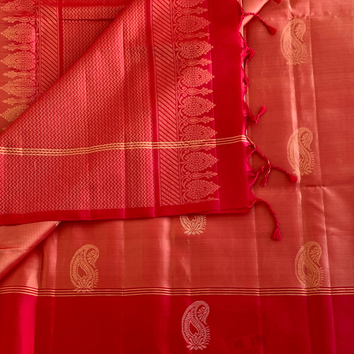 Deep Coral Designer Pure Silk Saree With Crimson Red Pallu