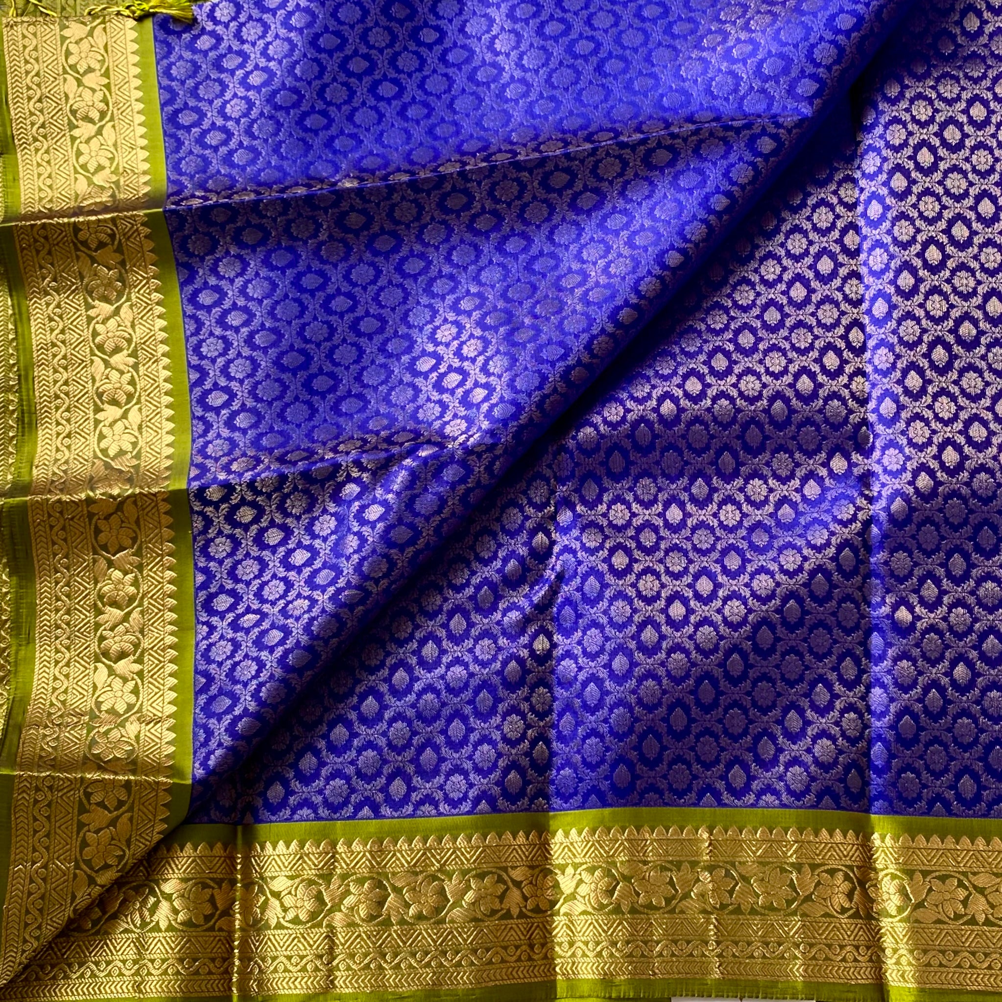 Lime Green Silk Saree Gold Zari Royal Blue Pallu Contrast