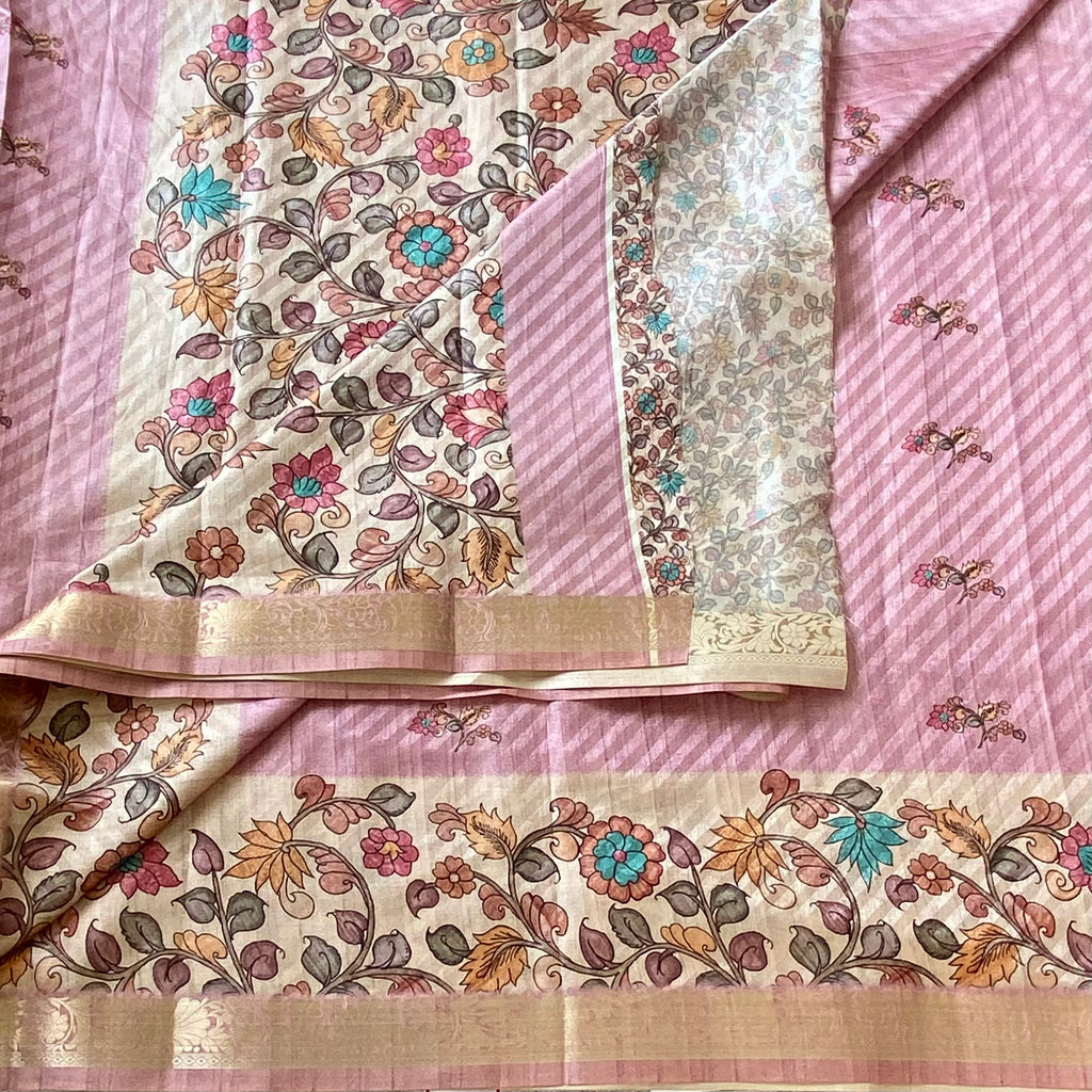 Dusty mauve with cream beige soft kalamkari printed tussar