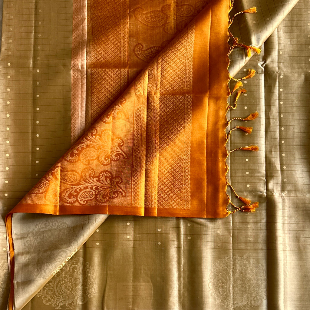 Saffron Orange Silk Saree Champagne Gold Paisley Brocade Wedding