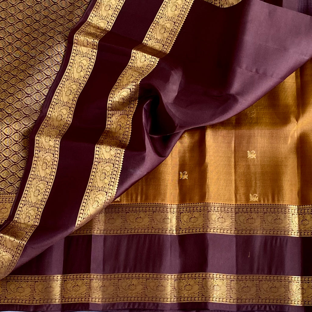 Deep Maroon Designer Pure Silk Saree With Mustard Gold Pallu Brocade Border